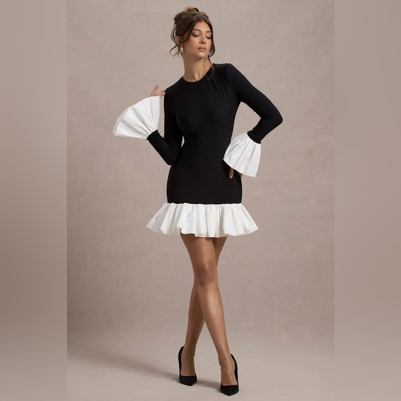 NWT CLUB L LONDON Josefina Black Long-Sleeve Mini Dress White Satin Trim 10 6514